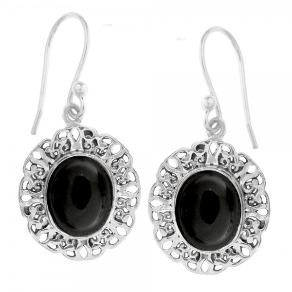 Pendientes largos base étnica con piedra oval Plata 1ª Ley 925 - Karissma