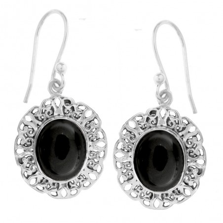 Pendientes largos base étnica con piedra oval Plata 1ª Ley 925 - Karissma