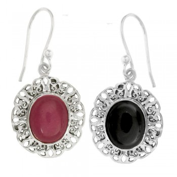 Pendientes largos base étnica con piedra oval Plata 1ª Ley 925 - Karissma