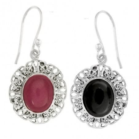 Pendientes largos base étnica con piedra oval Plata 1ª Ley 925 - Karissma