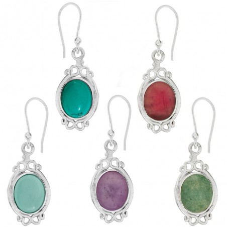 Pendientes largos base étnica con piedra oval Plata 1ª Ley 925 - Karissma