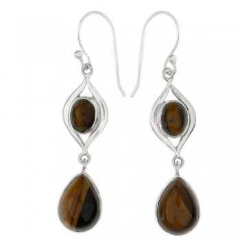 Pendientes doble ojo de tigre oval y  gota Plata de Ley - Karissma
