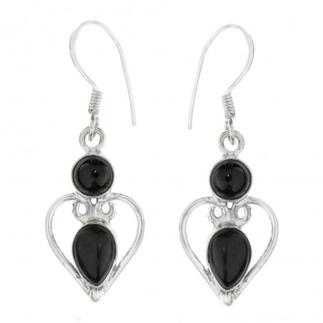 Pendientes ónix base corazón Plata de Ley - Karissma