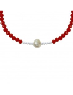 Pulsera macramé con Perla Natural y cristales rojos Plata de Ley 2