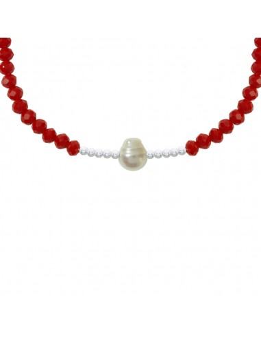 Pulsera macramé con Perla Natural y cristales rojos Plata de Ley