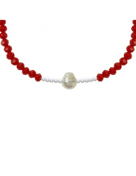 Pulsera macramé con Perla Natural y cristales rojos Plata de Ley
