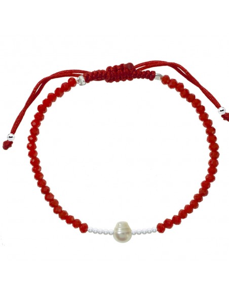 Pulsera macramé con Perla Natural y cristales rojos Plata de Ley