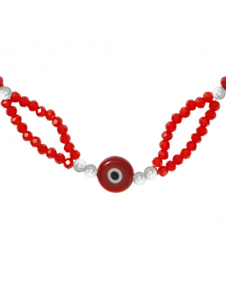 Pulsera macramé con ojo turco y cristales rojos Plata de Ley