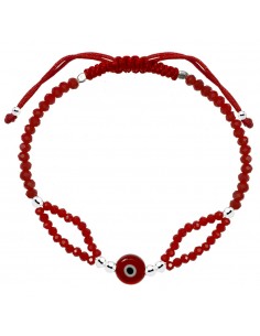 Pulsera macramé con ojo turco y cristales rojos Plata de Ley