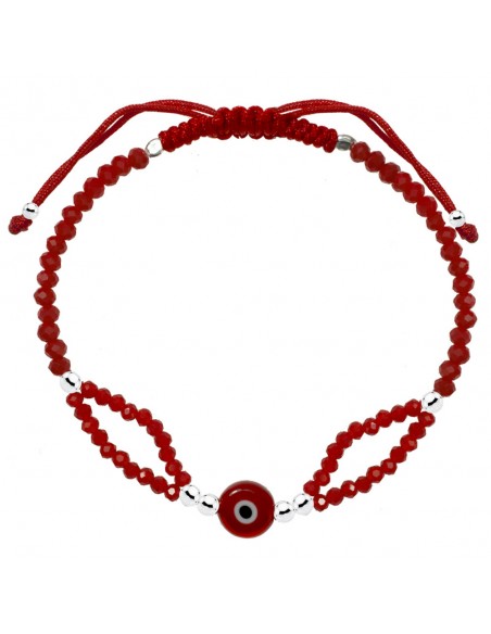 Pulsera macramé con ojo turco y cristales rojos Plata de Ley