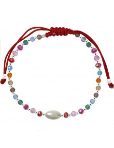Pulsera macramé con Perla Natural y cristales de colores Plata de Ley