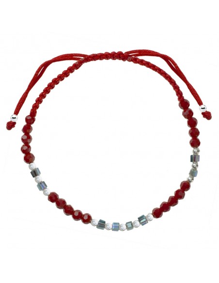 Pulsera macramé con cristales rojos y grises Plata de Ley