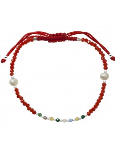 Pulsera macramé con Perla Natural, cristales de colores y rojos Plata de Ley