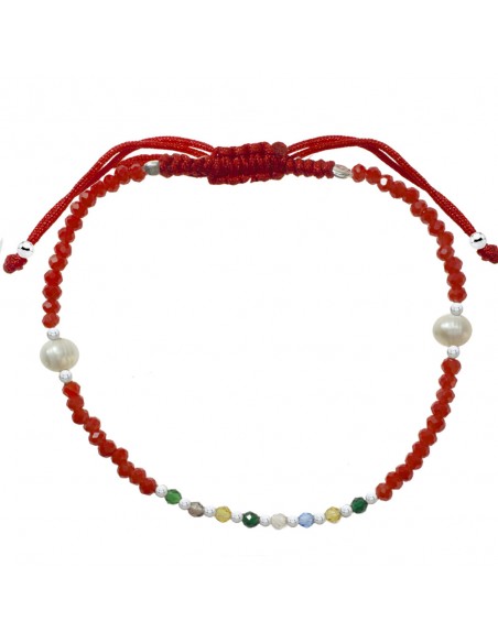 Pulsera macramé con Perla Natural, cristales de colores y rojos Plata de Ley