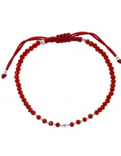 Pulsera macramé con cristales rojos y bolitas de Plata de Ley