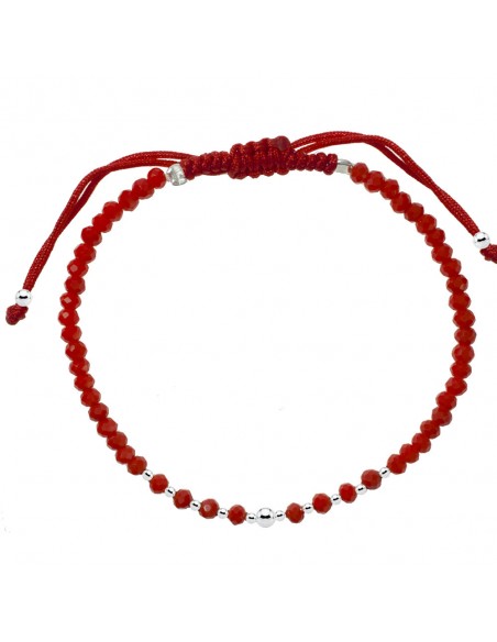 Pulsera macramé con cristales rojos y bolitas de Plata de Ley