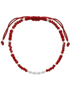 Pulsera macramé con cristales rojos-burdeos y bolitas de Plata de Ley