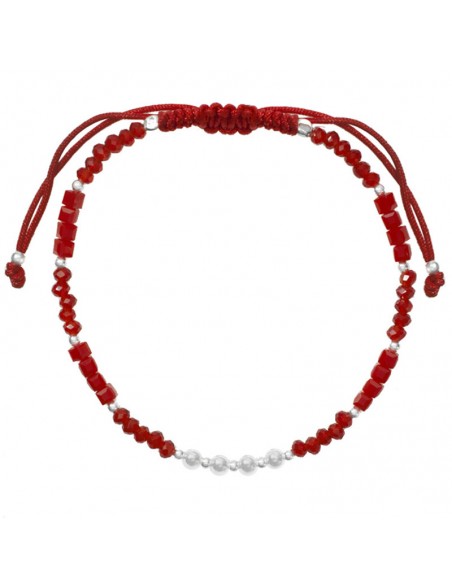 Pulsera macramé con cristales rojos-burdeos y bolitas de Plata de Ley
