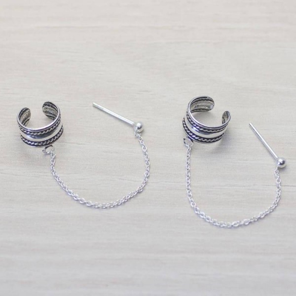 Pendientes diseño balinés con cadena Plata de Ley 925