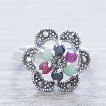 Anillo flor rubí esmeralda zafiro Plata de Ley 925