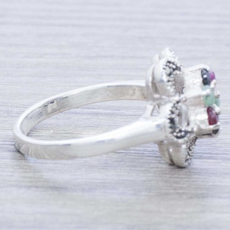 Anillo flor rubí esmeralda zafiro Plata de Ley 925